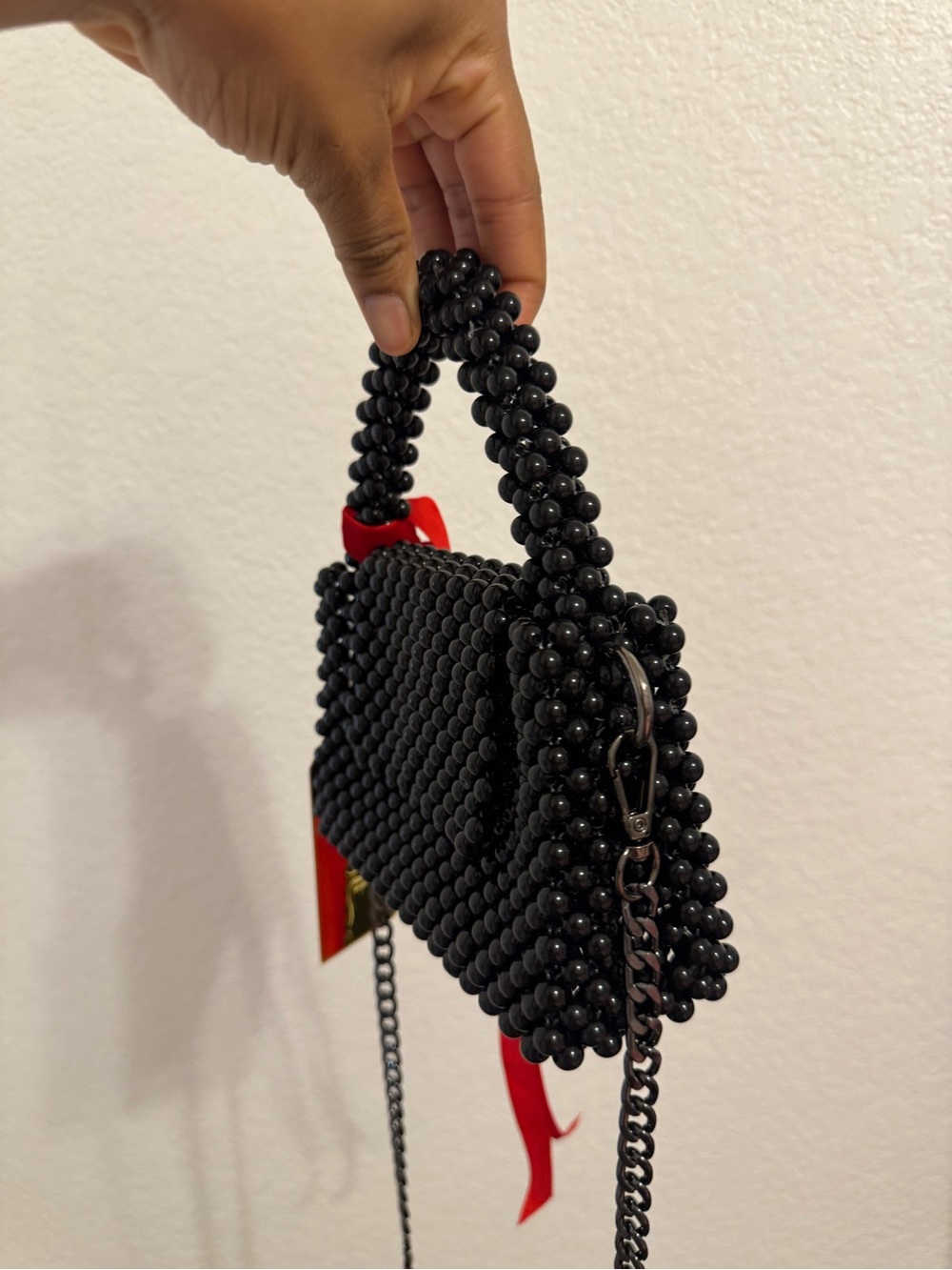 Black Beaded Mini Top-Handle Bag with Red Accent - Picture 2 of 4